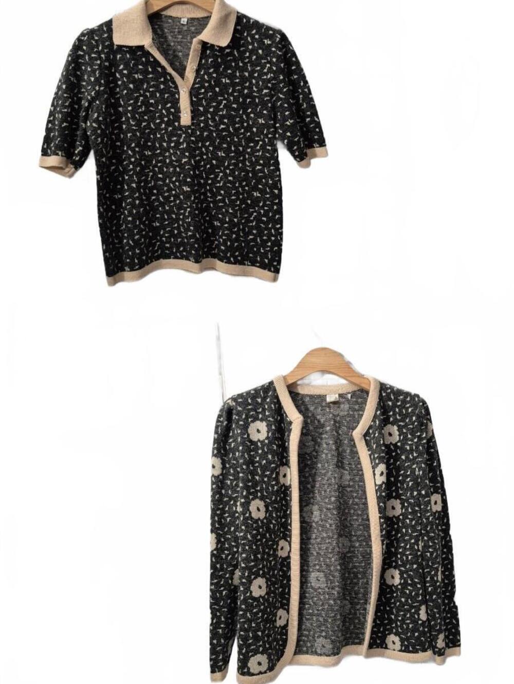 Vintage Made In Usa Black & Beige Floral Knit Sweater Top Size 6 Short Sleeve